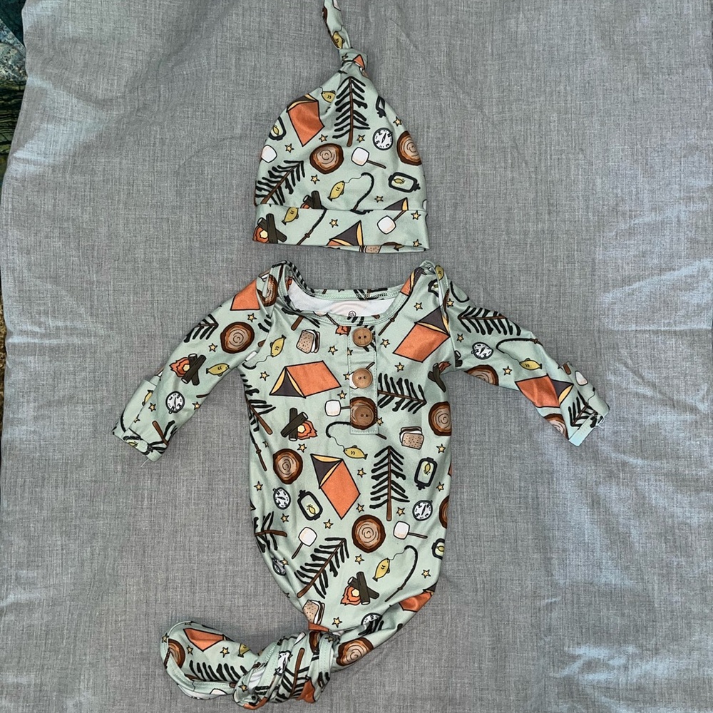 Caden Lane sleep gown for new baby in camping and fishing print!